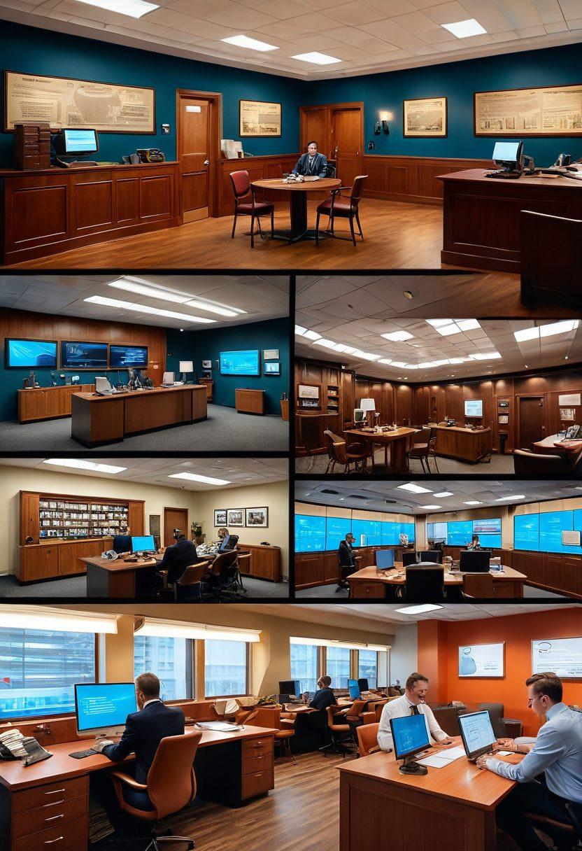 A vivid split scene showing the evolution of insurance: one half depicts a traditional insurance office with agents, papers, and a vintage vibe, while the other half showcases a modern, futuristic insurtech interface with digital screens, a diverse group of people using smartphones, and virtual elements flowing around. The contrast in style symbolizes the transformation from old to new. vibrant colors. hyper-realistic.