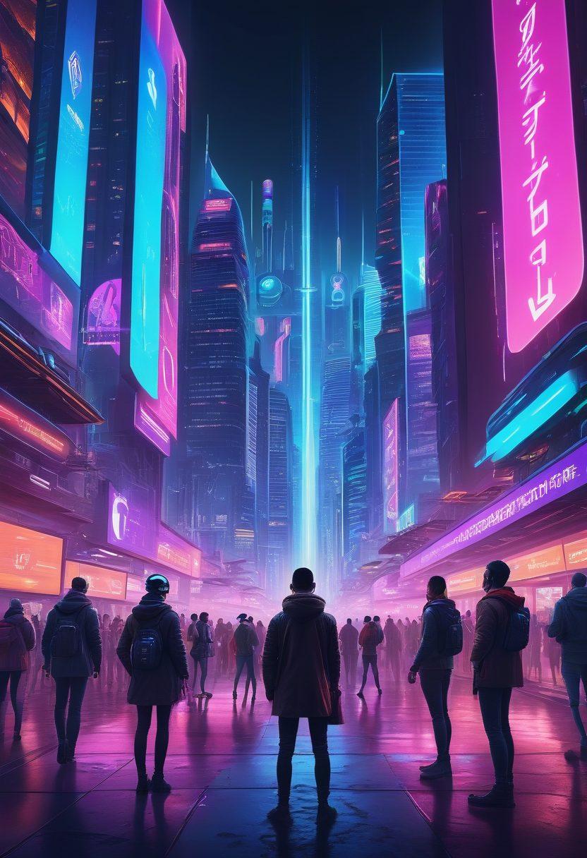 A futuristic city skyline with digital insurance symbols, like shields and checkmarks, seamlessly integrated into the architecture. In the foreground, a diverse group of people using technology devices, such as tablets and VR headsets, to explore enhanced insurance options. Bright neon lights representing technology and security pulses throughout the scene. The atmosphere is dynamic and optimistic, reflecting innovation in insurance. cyberpunk. vibrant colors. 3D.