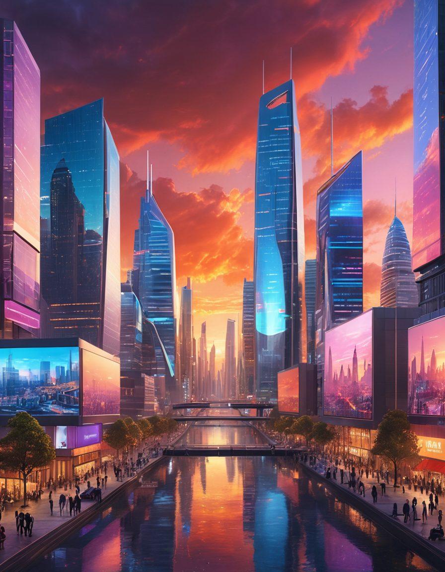 A futuristic city skyline with digital interfaces showcasing various insurance options, symbolizing insurtech innovations. Include diverse people interacting with holographic screens, analyzing risk management tools. Integrate elements like robots assisting in policy decisions, with a backdrop of a vibrant sunset to evoke a sense of hope and progress. super-realistic. vibrant colors. 3D.